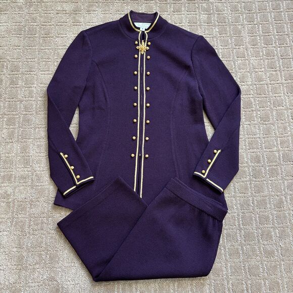 St John VTG Knit Jacket Skirt 2pc Set Womens Blue Purple Designer Military Regal - Picture 1 of 13